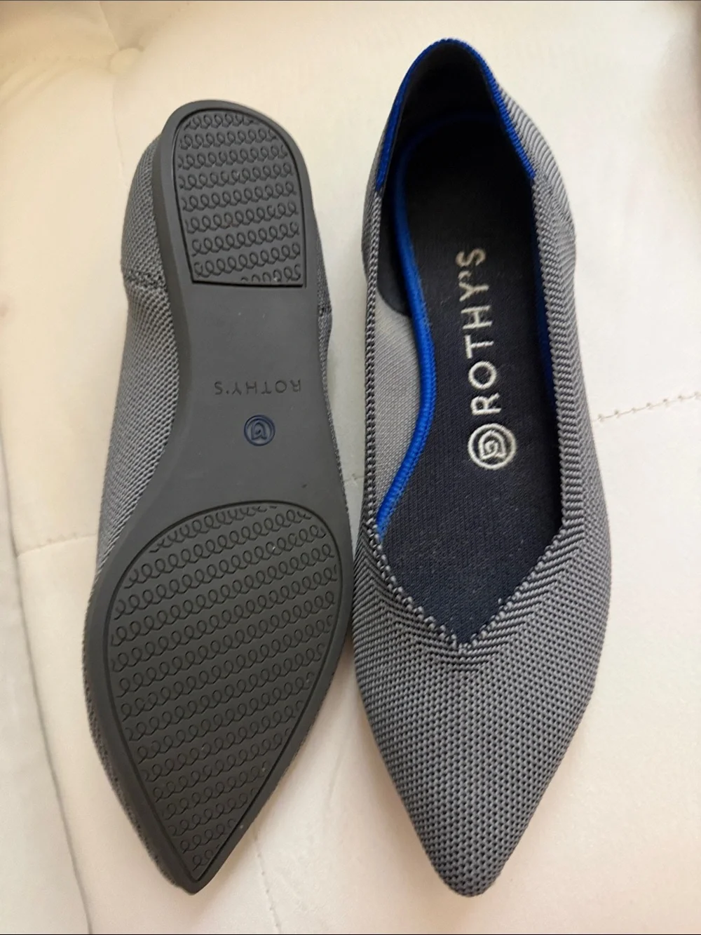 Rothy's Pointed Knit Flats in Gray with Blue Trim